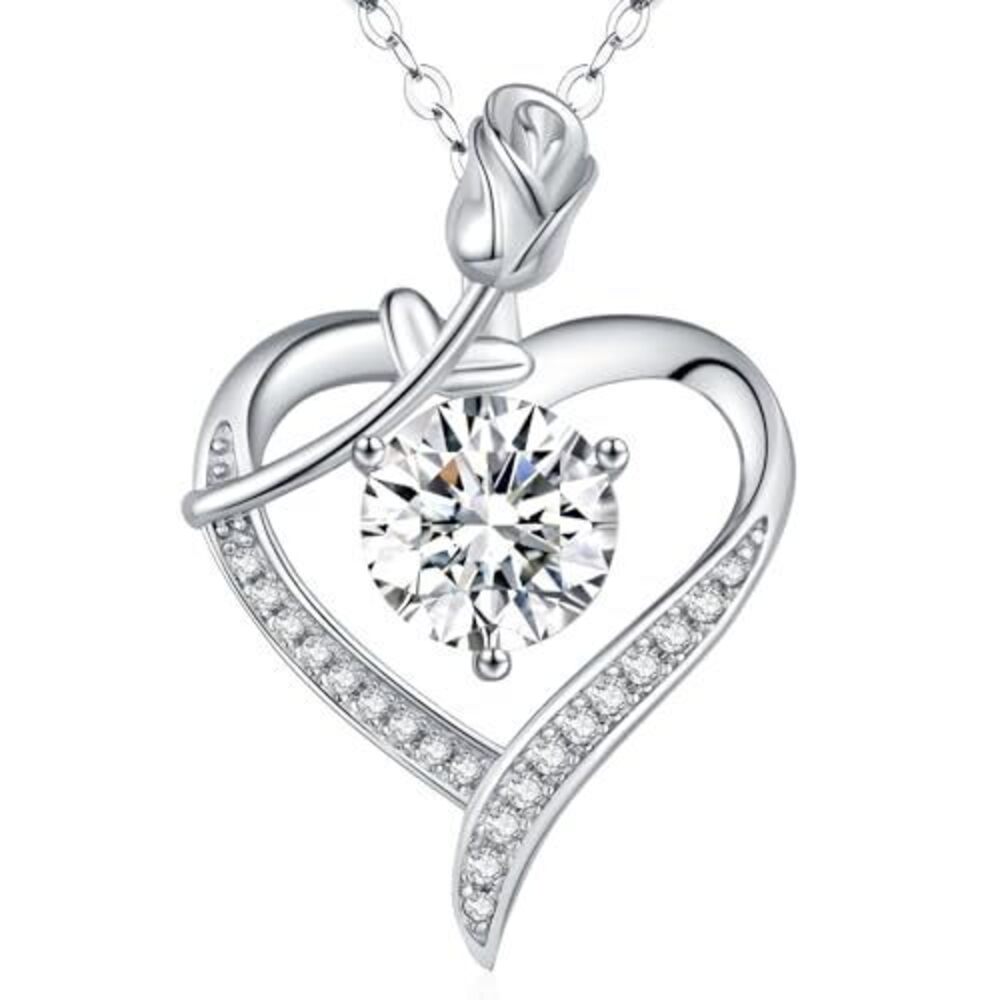 Moissanite Diamond 'I LOVE YOU' Rose Heart Pendant Necklace for Wife 1-3Ct Anni
